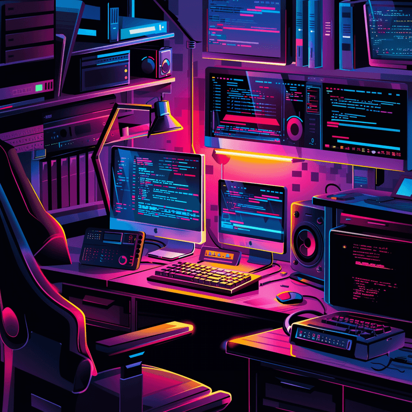 Empty office, multiple computers in a lo-fi lighting environment.
